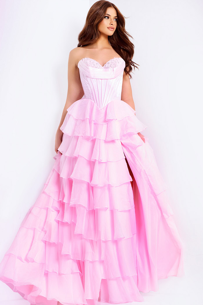 Romantic light pink ruffled prom dress