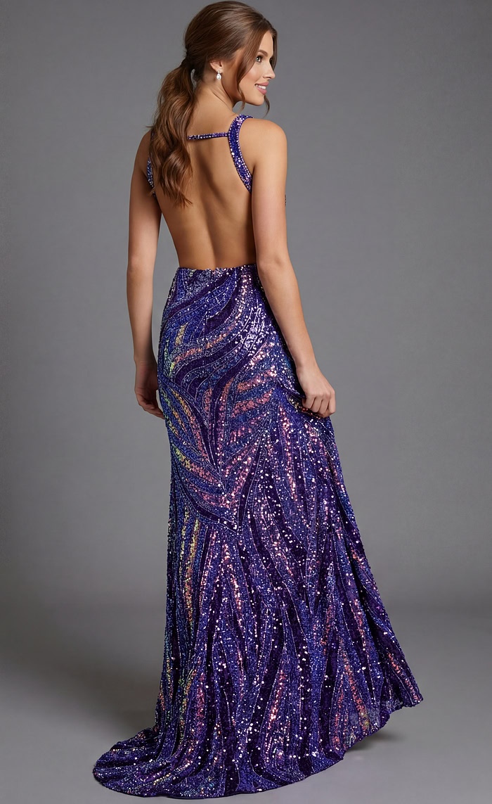 Sequin Plunge Neck High Slit Fitted Gown 47793