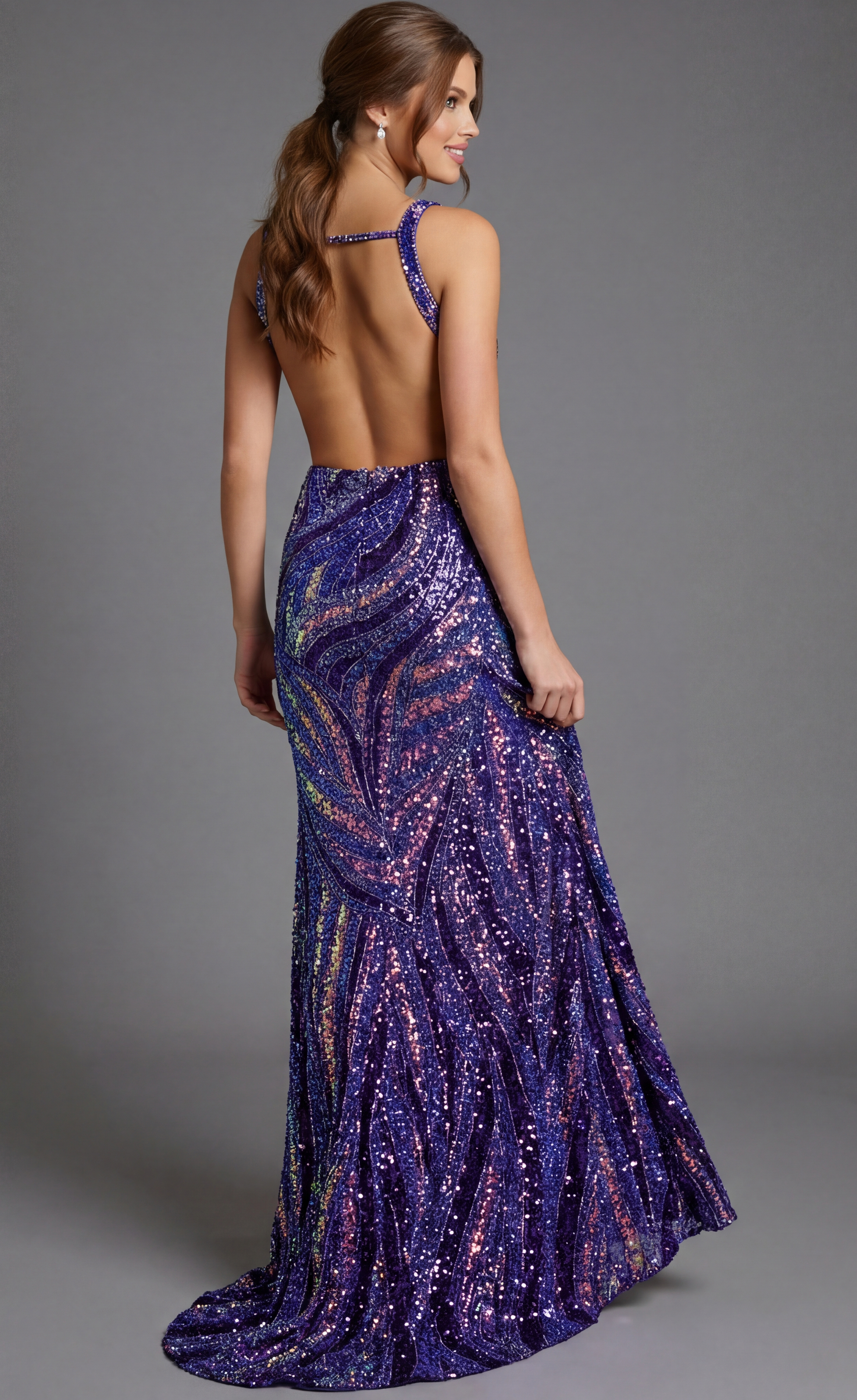 Sequin Plunge Neck High Slit Fitted Gown 47793 - Image 4
