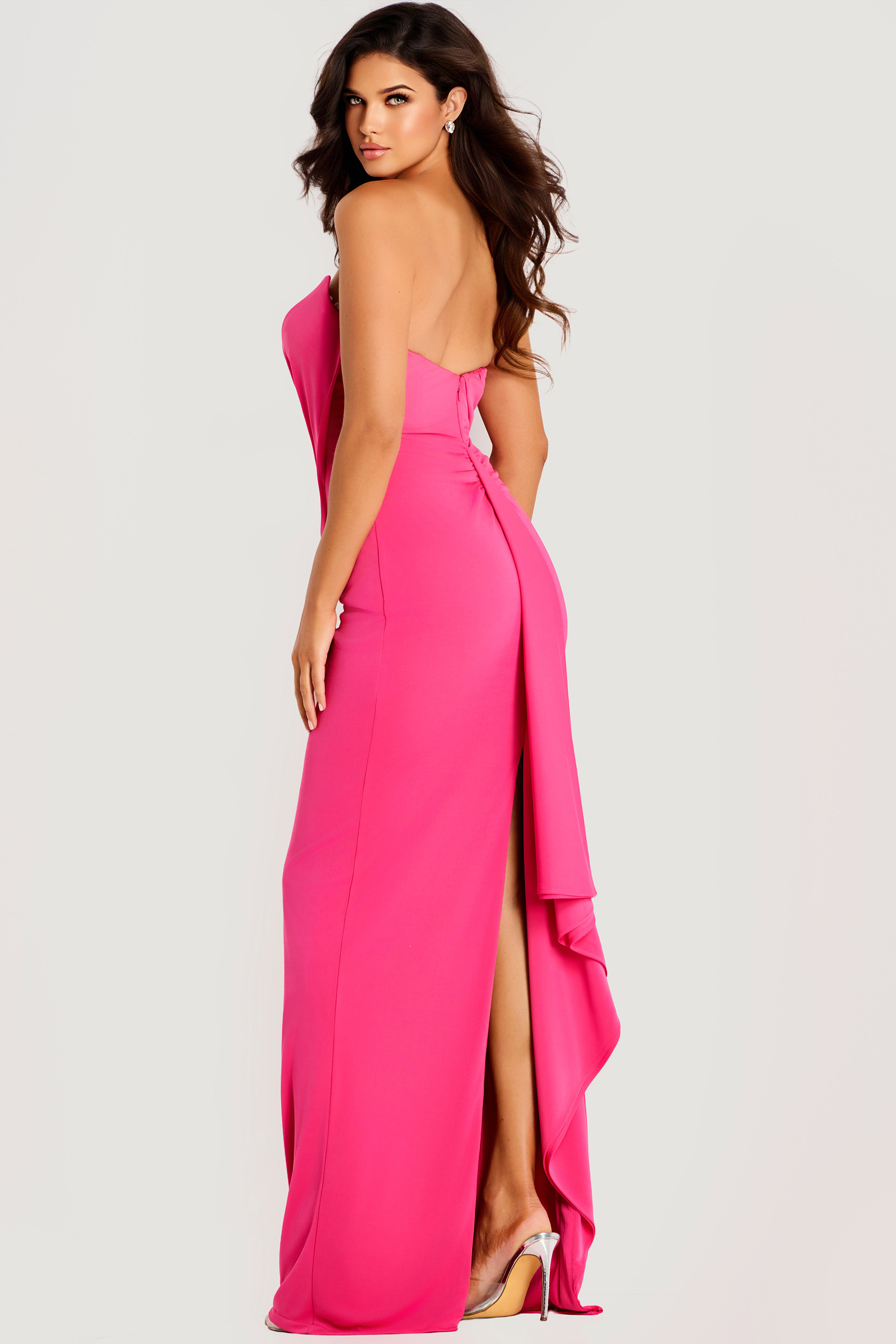 Floor-length gown with soft gathered fabric and side slit