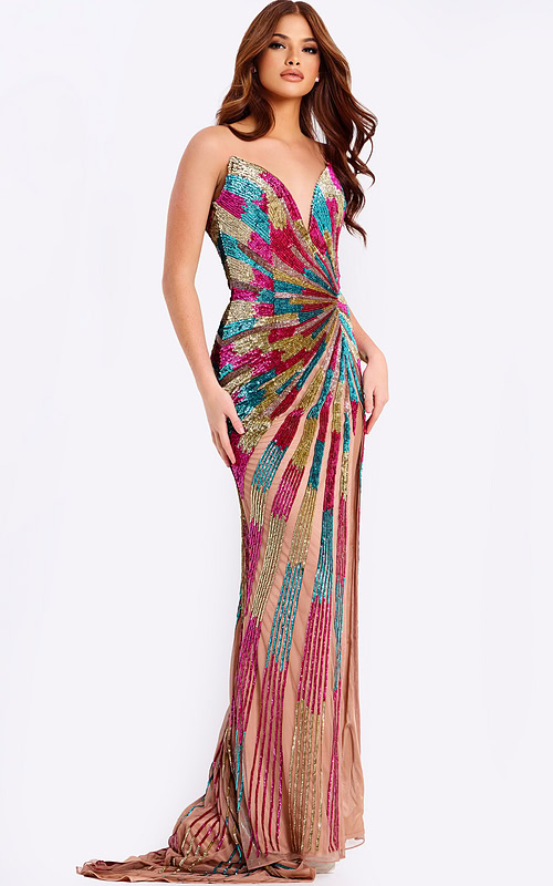 Multicolor strapless sequin prom dress with fitted silhouette