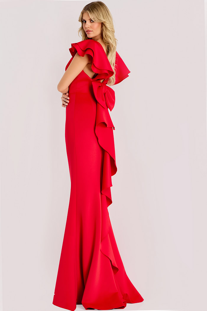 red fitted dress with ruffles in the back 47844