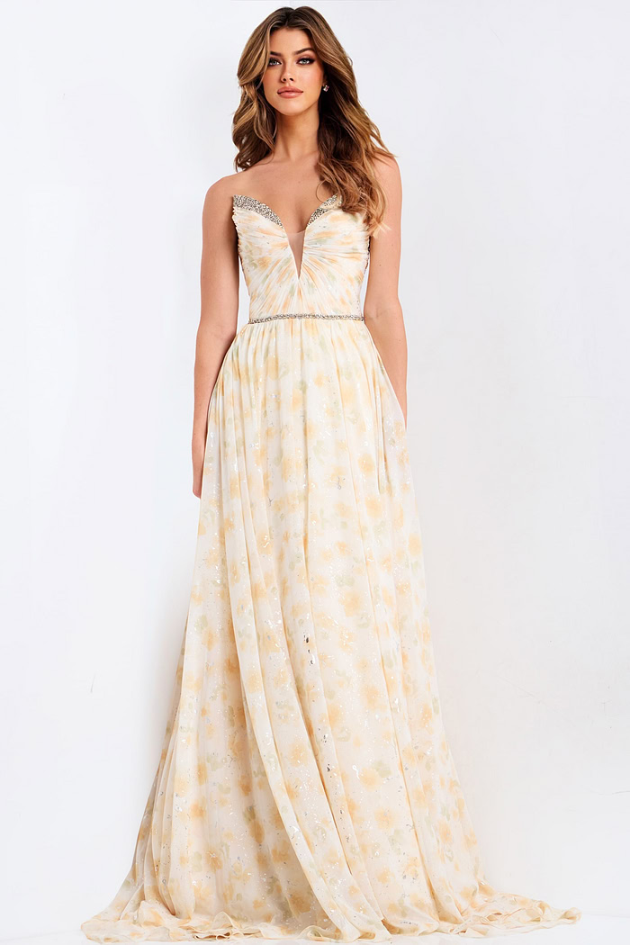 Floral A-Line Prom Dress With Deep V Neck