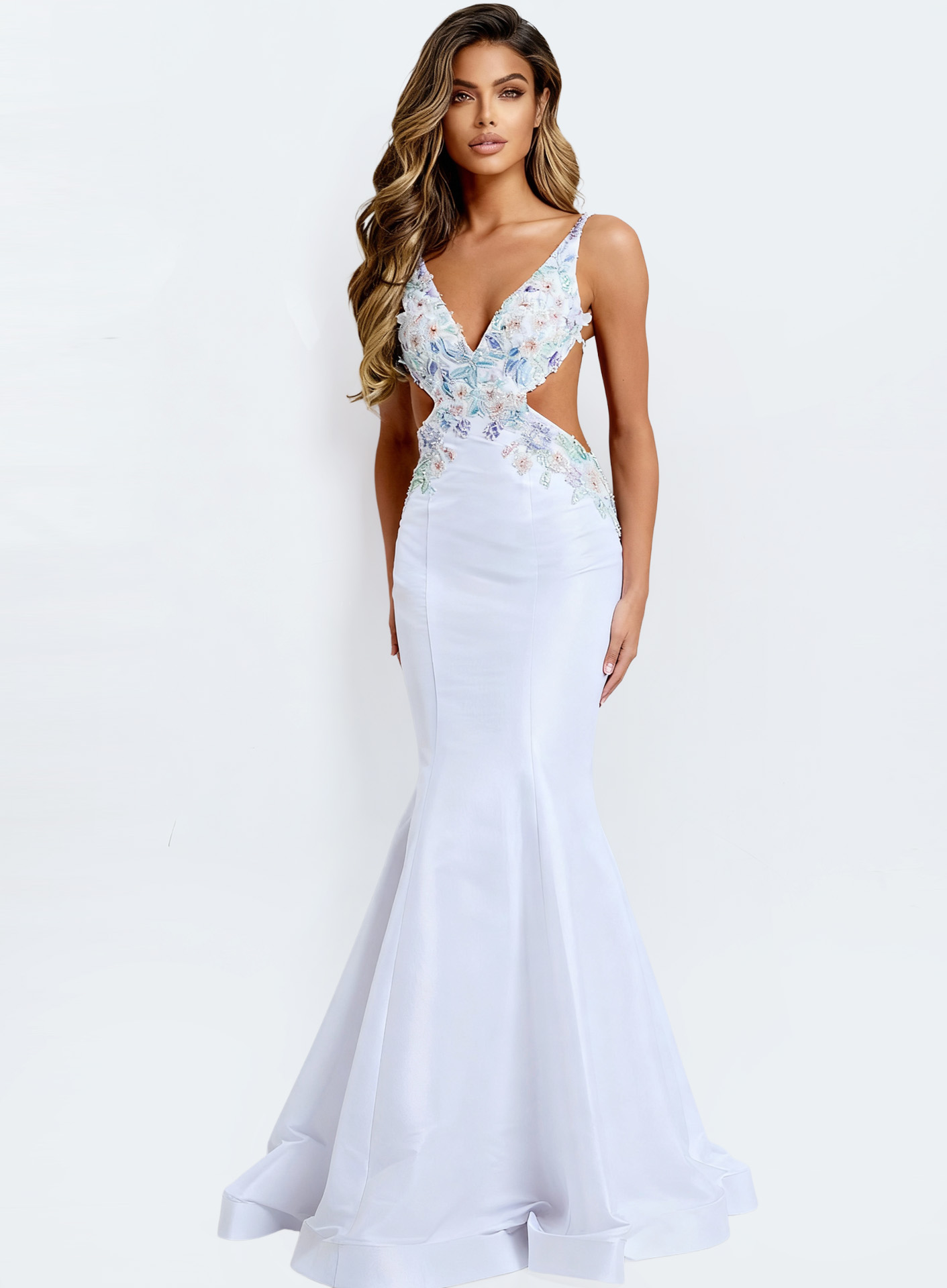 Elegant fitted prom gown with colorful floral beading