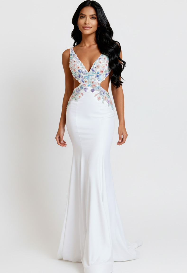 Open back floral embellished prom gown