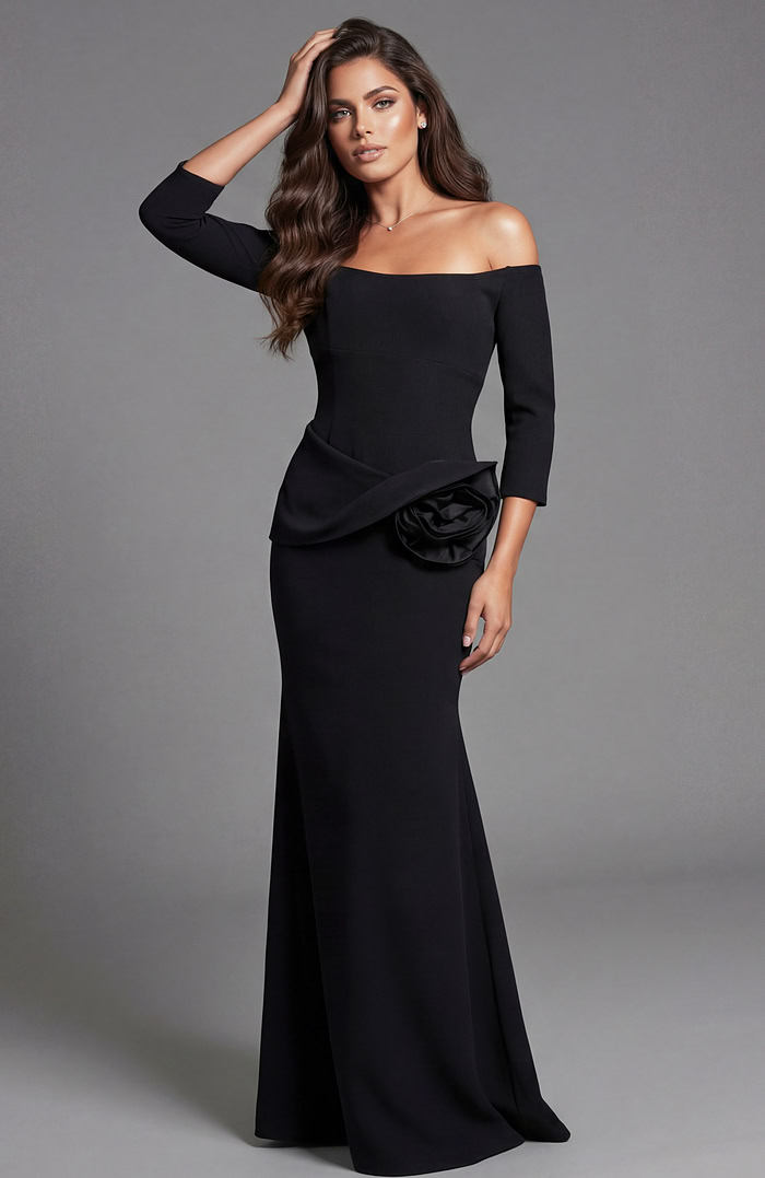 Side view of off shoulder long sleeve gown with sculpted waist detail