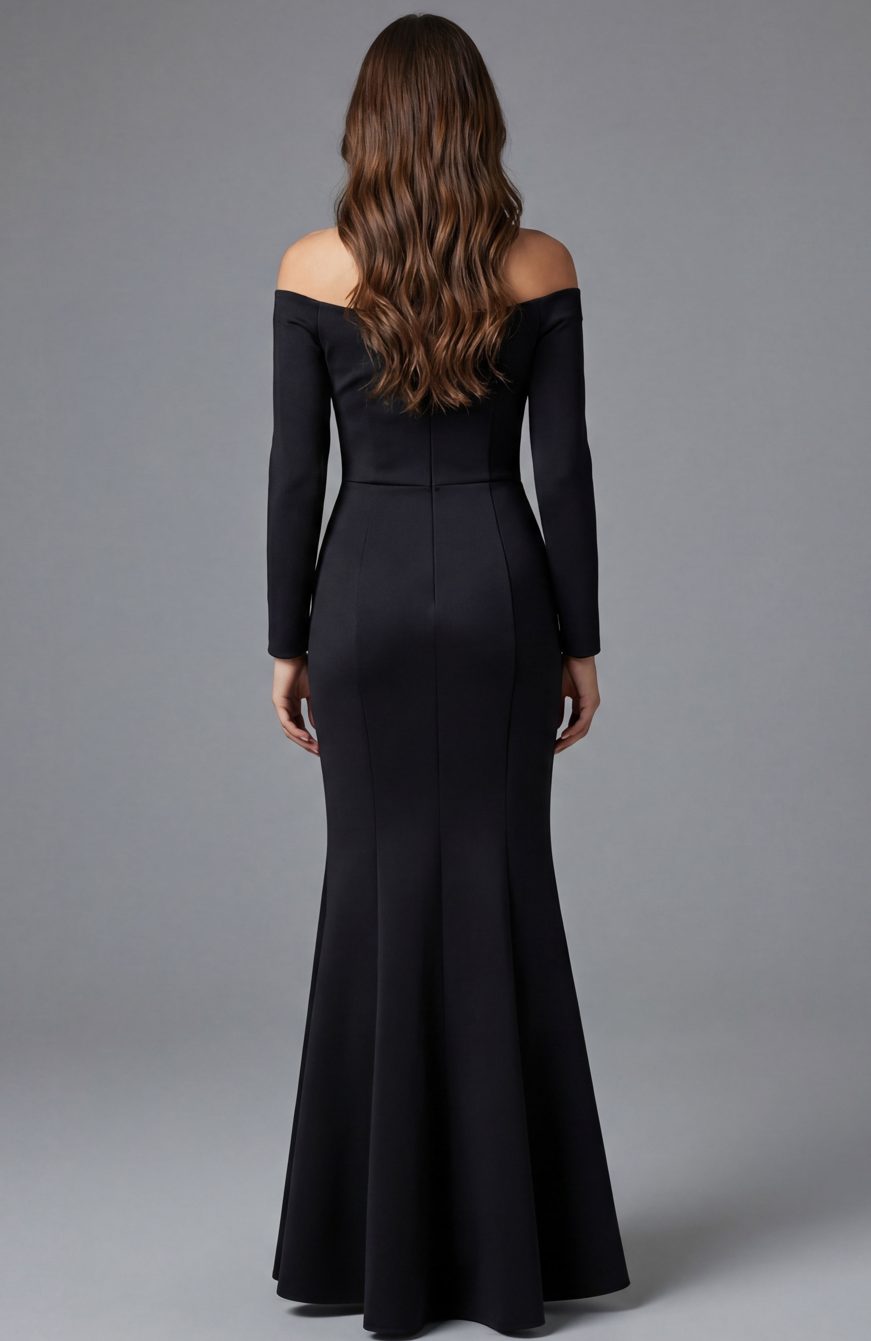 Back view of off shoulder formal gown with long sleeves and clean lines
