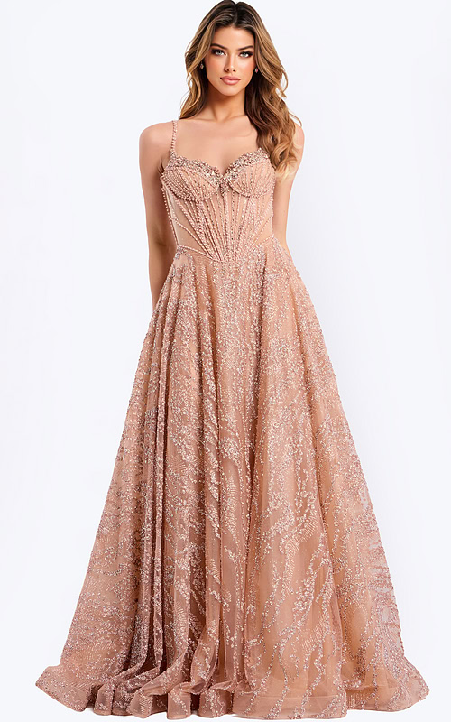 Elegant A-line prom dress featuring corset top and sparkle details