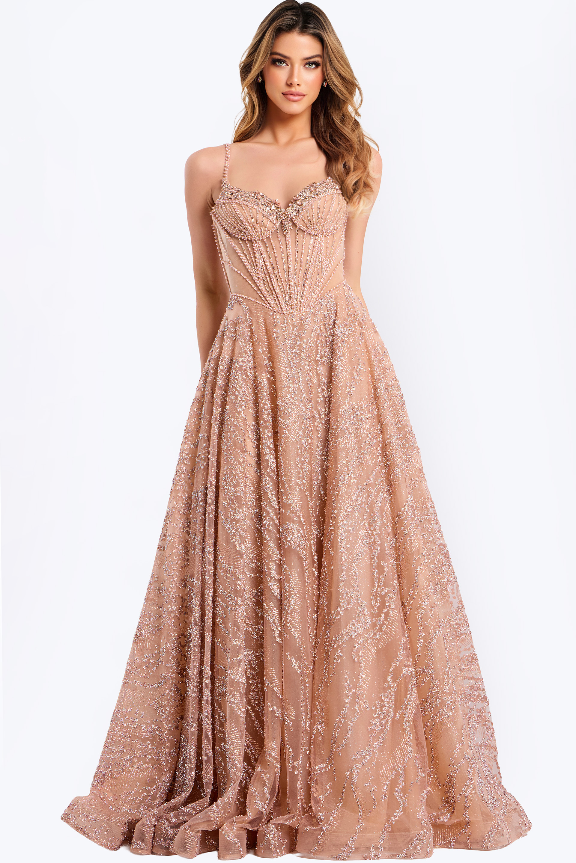 Elegant A-line prom dress featuring corset top and sparkle details