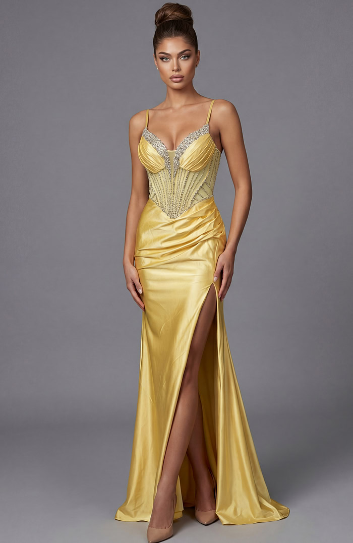 embellished pleated bodice high slit dress 48368