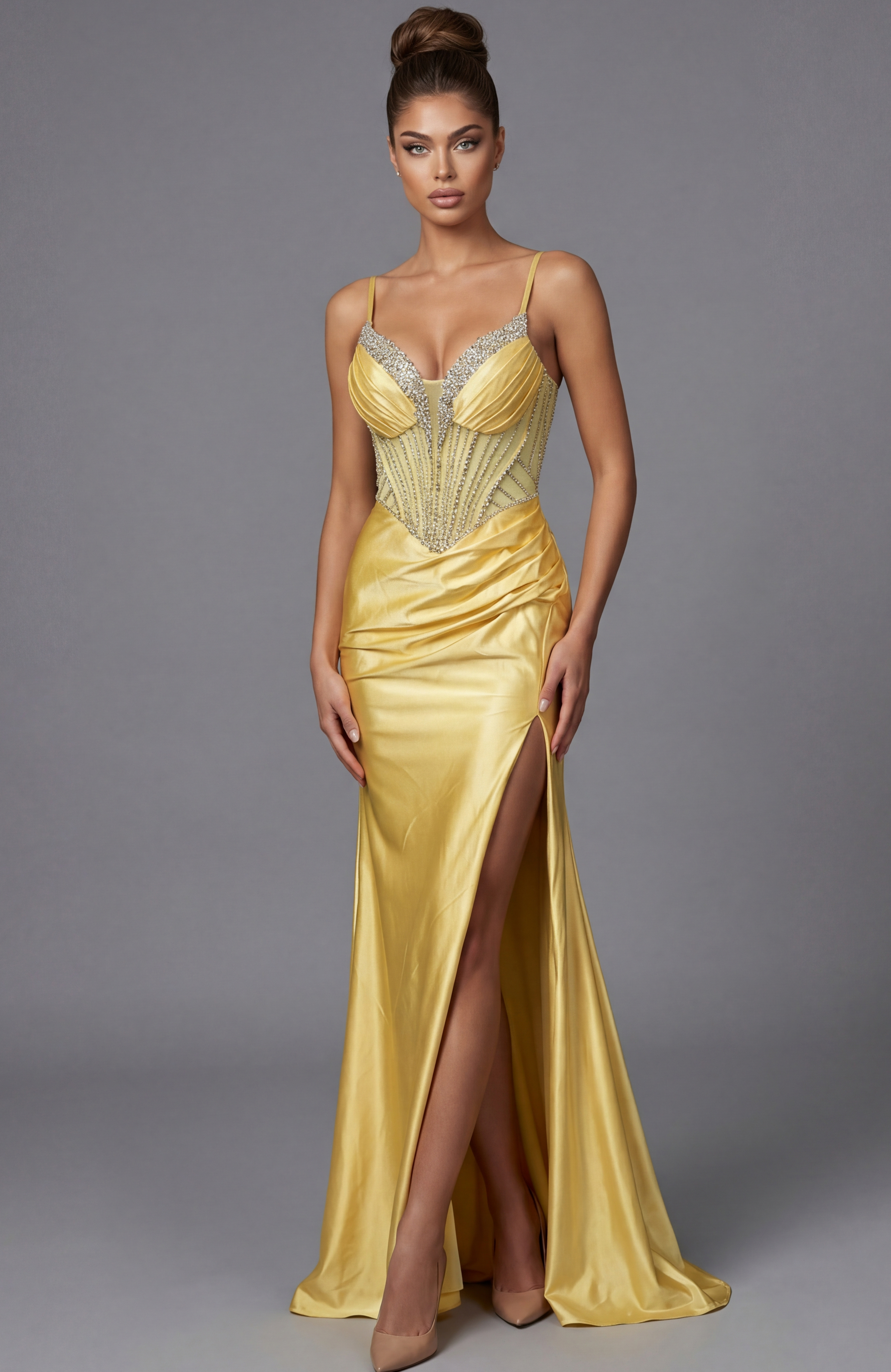 embellished pleated bodice high slit dress 48368