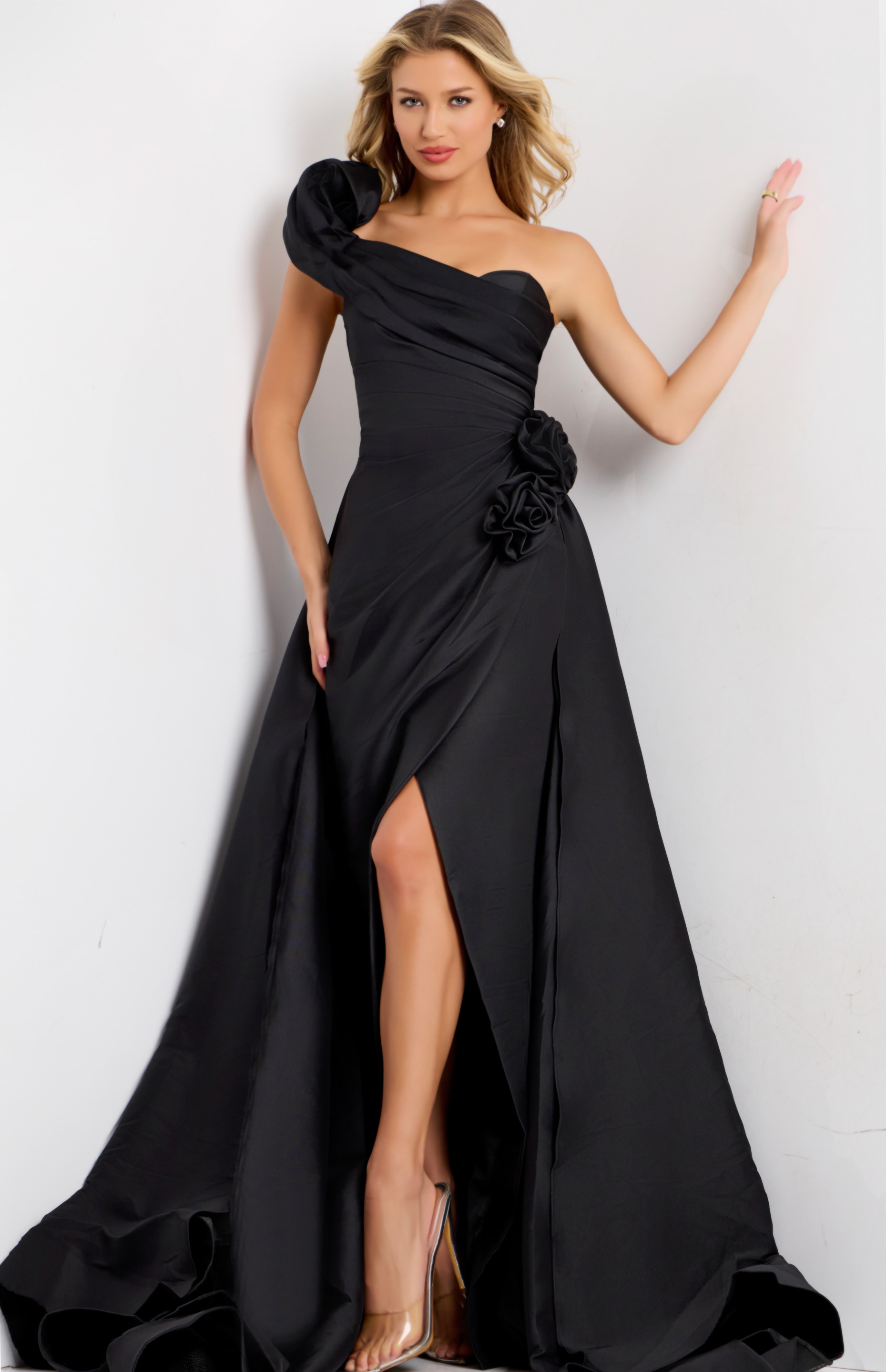 One shoulder black evening gown with floral side detail