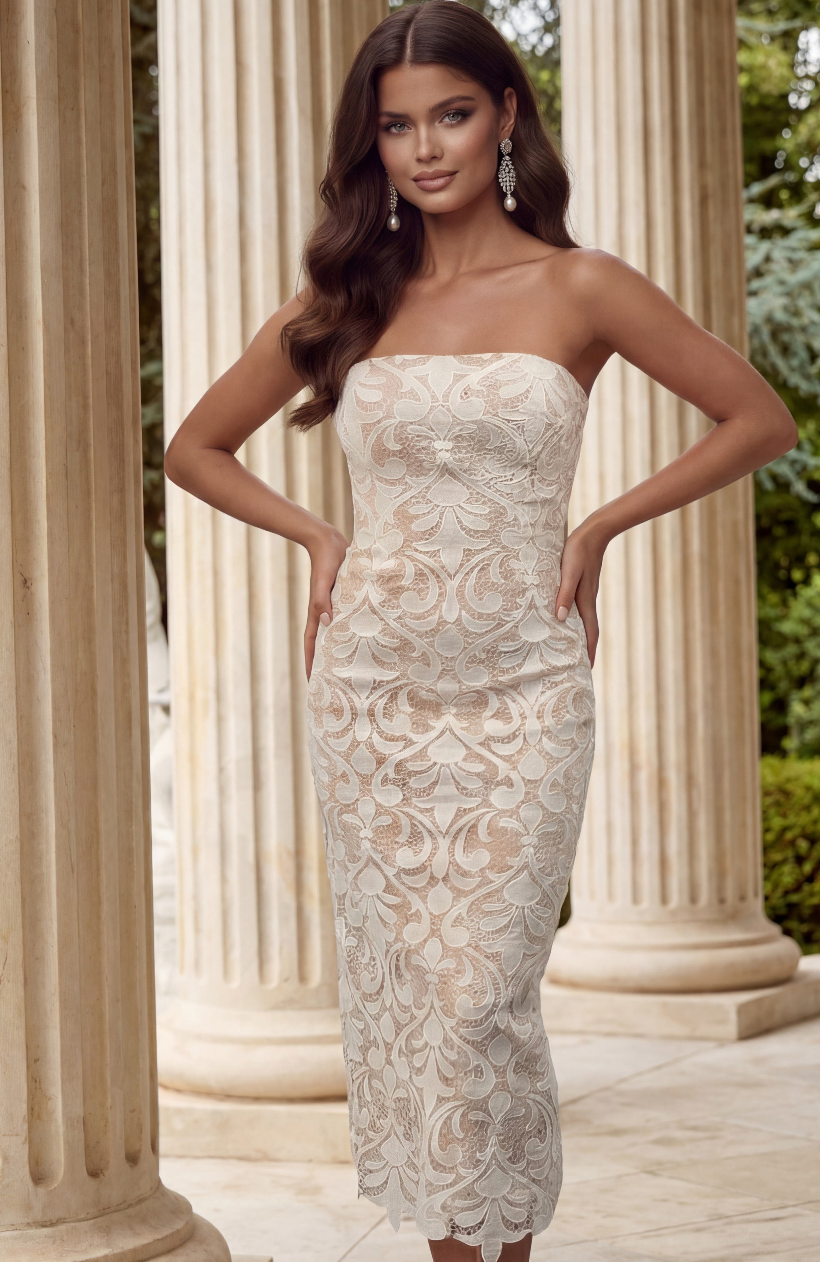 Back view of strapless lace dress with center slit and clean finish