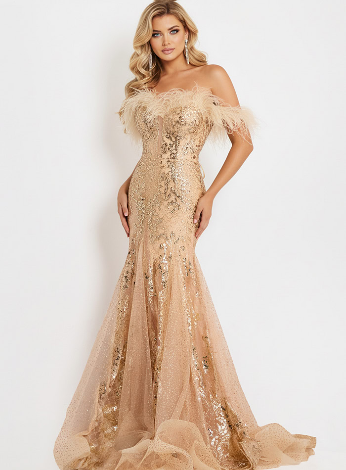 Strapless Feather Sequin Gown 48465