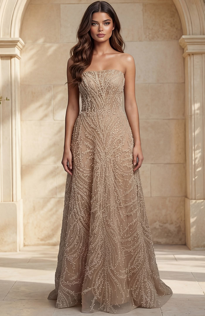 Strapless beaded bridal gown with flowing skirt and detailed texture