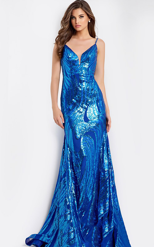 Blue sequin gown with v-neckline 48518