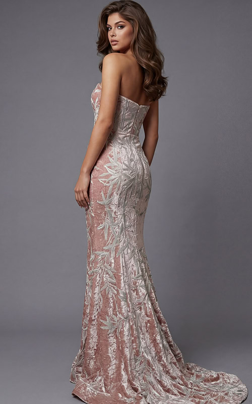 Strapless fitted gown featuring embroidered leaf detailing and subtle train