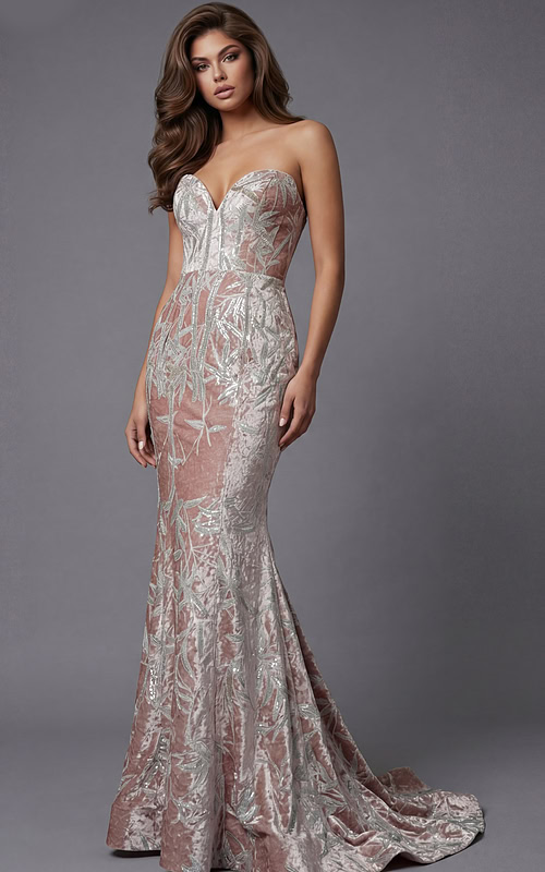 Strapless fitted gown with leaf-pattern embroidery and soft textured finish