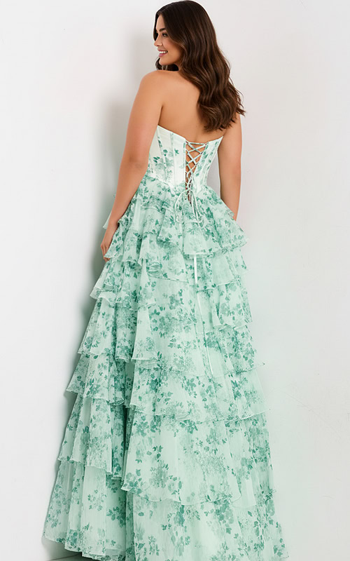 Strapless Green Floral Ball Gown with Corset and Ruffles