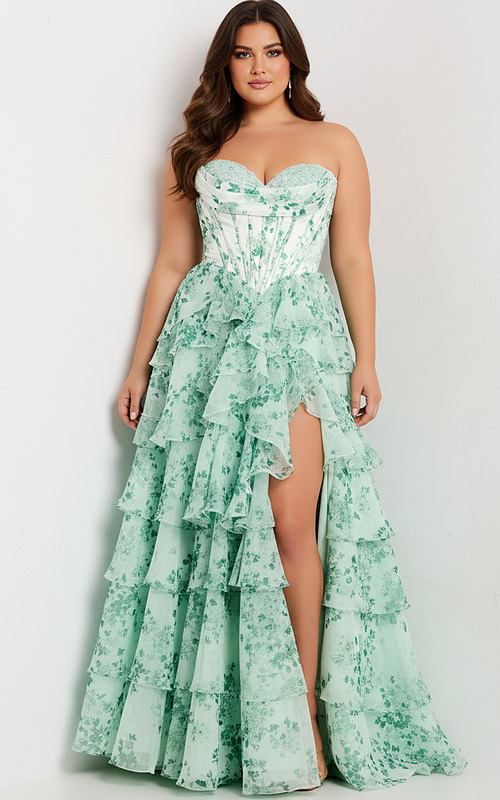 Strapless Green Floral Ball Gown