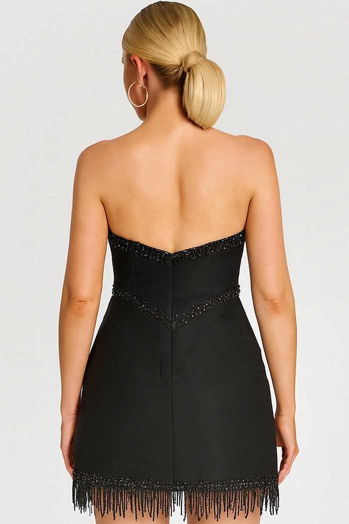 back of 48787 black dress with fringe details