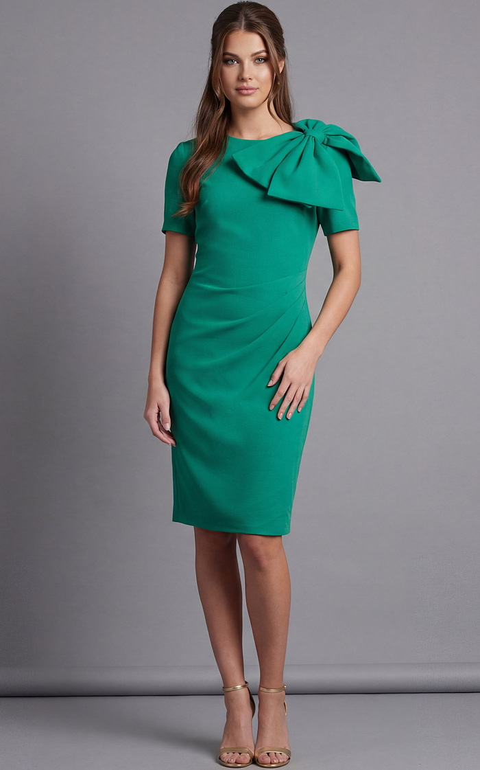 Tailored short sleeve cocktail dress with sculpted shoulder bow viewed from the back