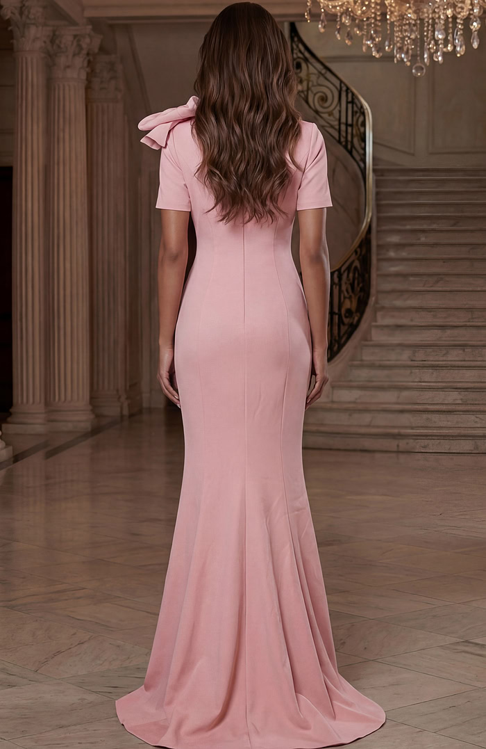 Back view of fitted floor length gown with clean silhouette