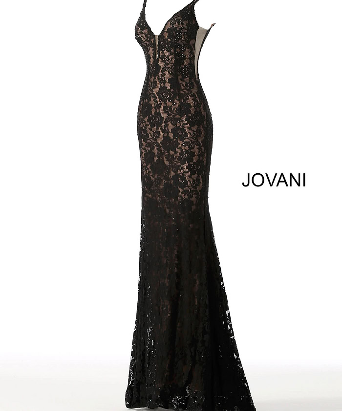 Back view of Jovani 48994 in black lace.