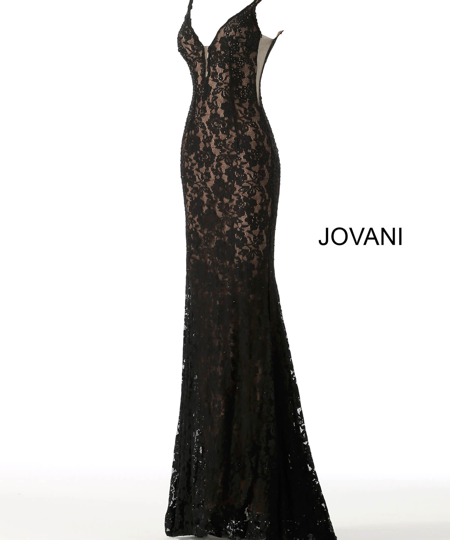 Back view of Jovani 48994 in black lace.