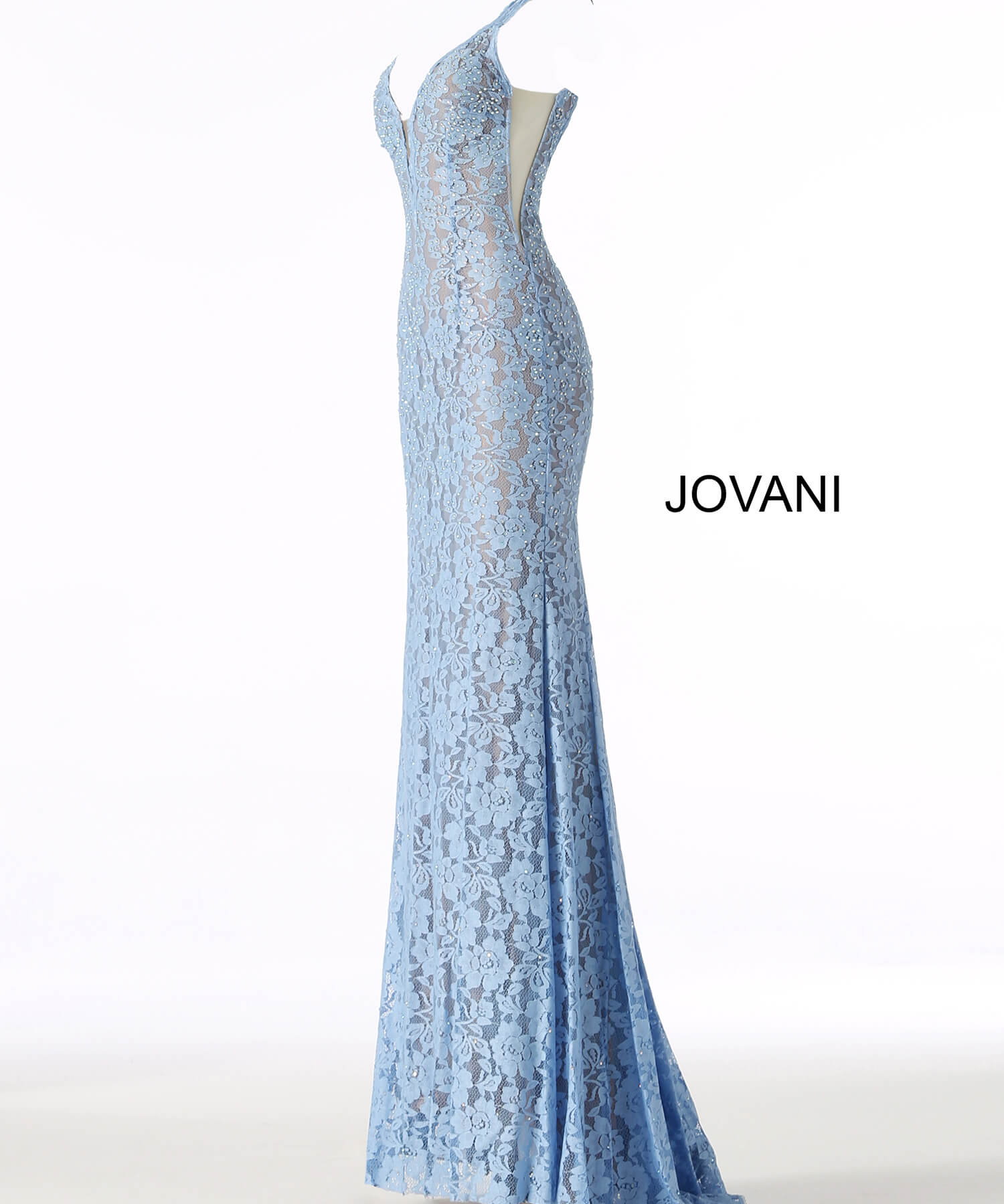 Model wearing Perri Lace Fitted Jovani Prom Dress 48994