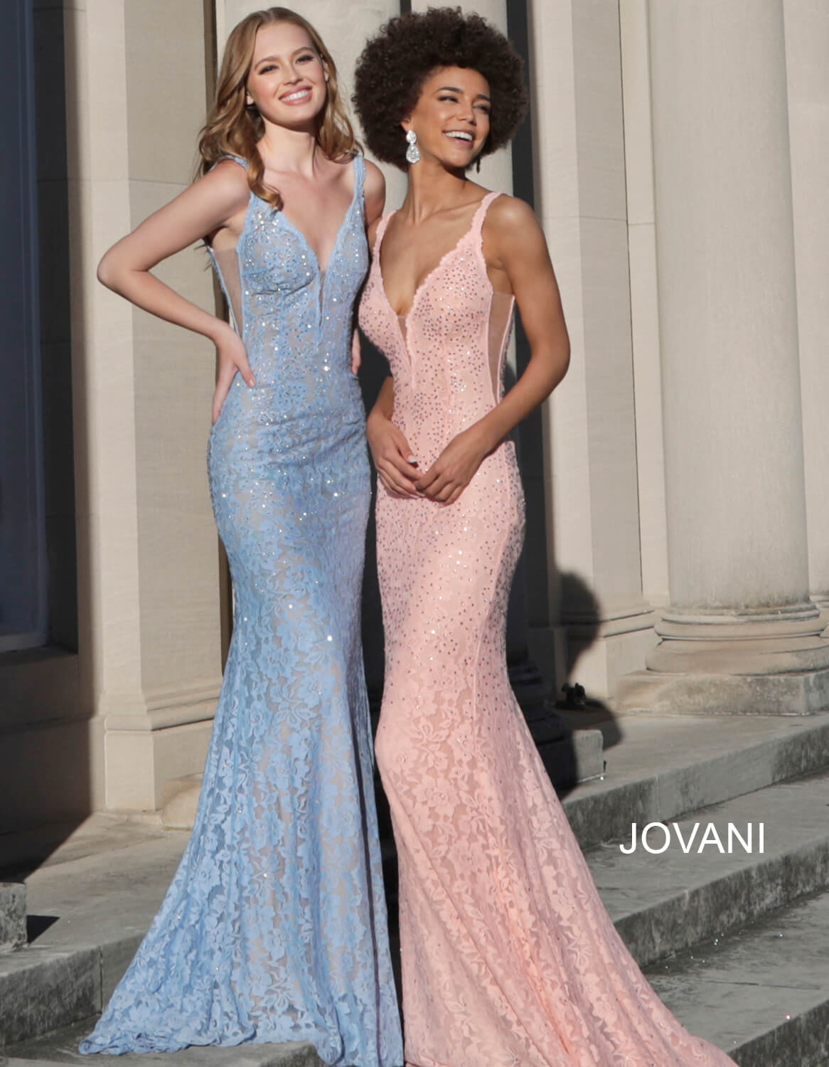 Two models wearing Jovani 48994 in blue and pink lace.