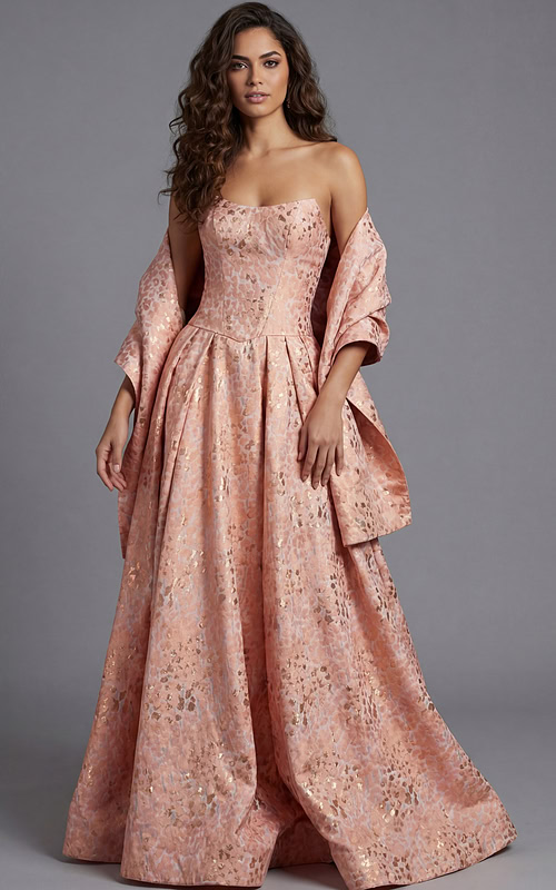 Strapless Ball Gown With Textured Metallic Pattern