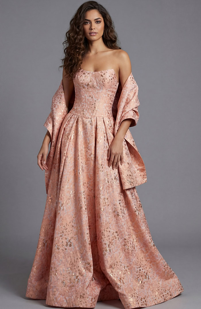 Strapless Ball Gown With Textured Metallic Pattern