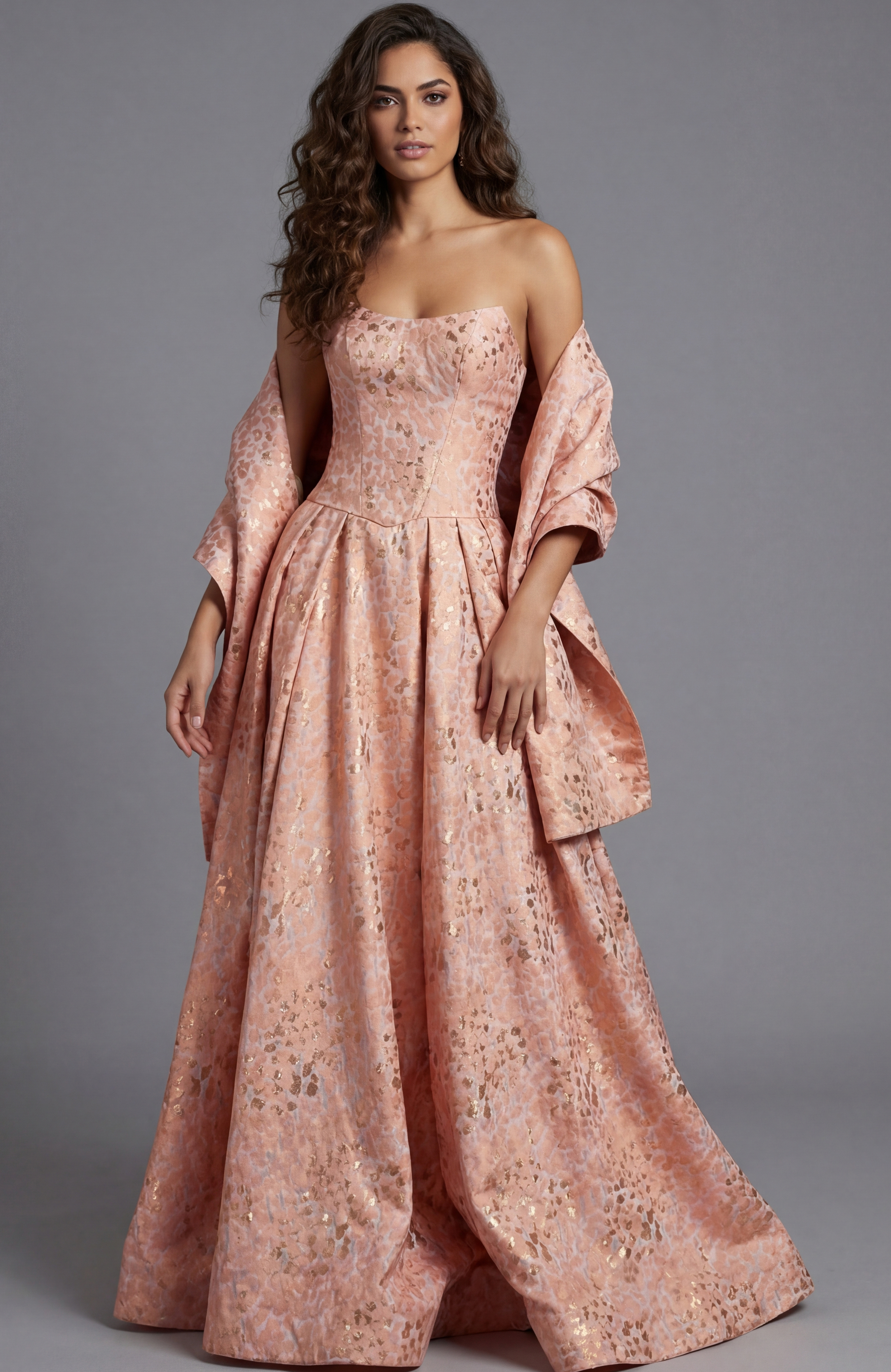 Strapless Ball Gown With Textured Metallic Pattern