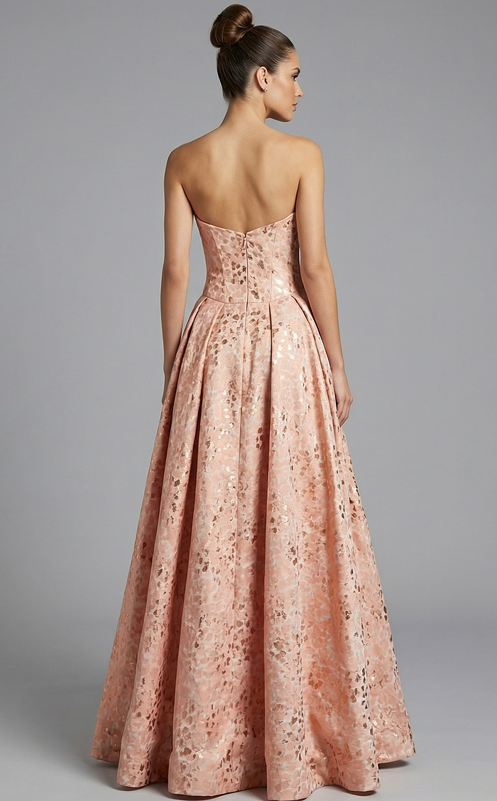 textured evening gown fabric showing subtle metallic pattern and soft sheen