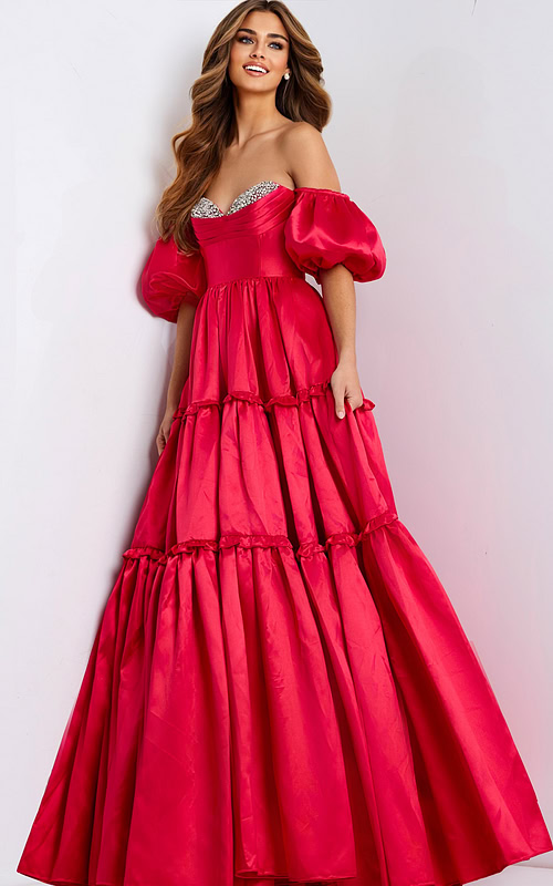 Tiered red ball gown with beaded neckline