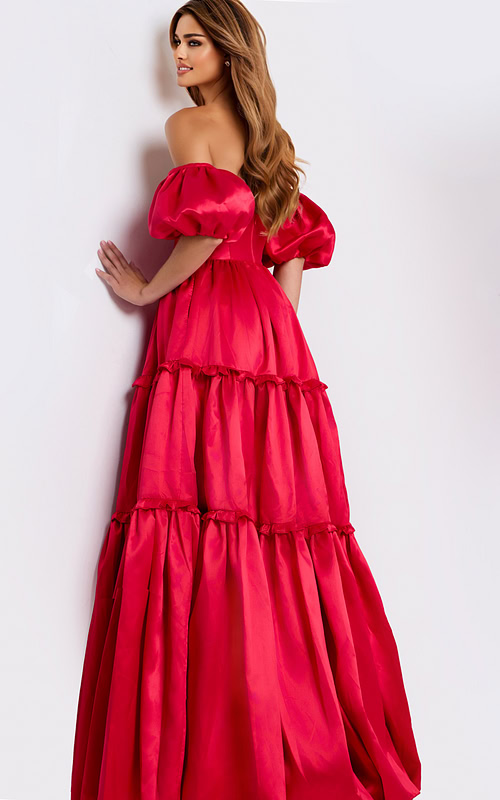 Red off shoulder prom dress with puff sleeves