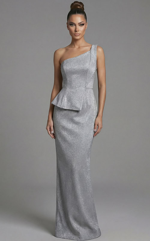 One shoulder fitted evening gown with sculpted waist and subtle peplum