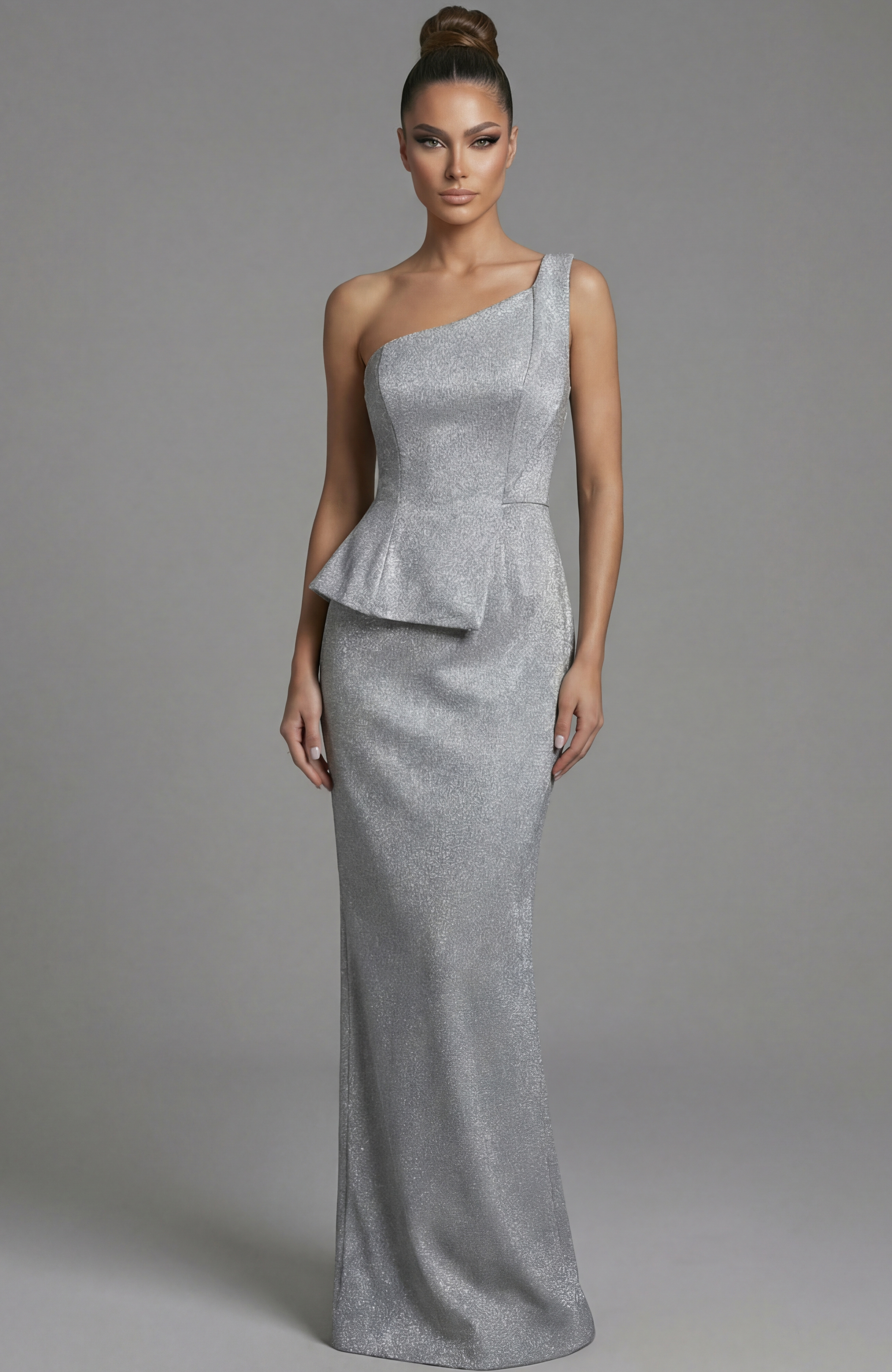 One shoulder fitted evening gown with sculpted waist and subtle peplum