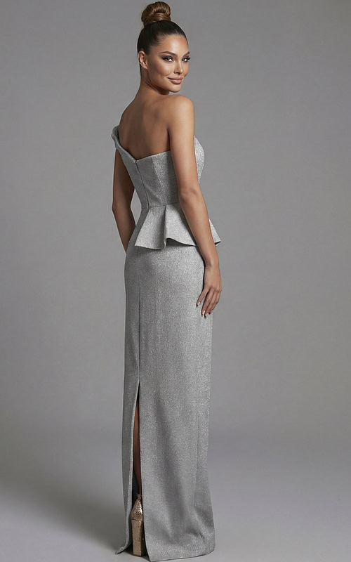 One shoulder metallic evening gown with peplum detail and back slit