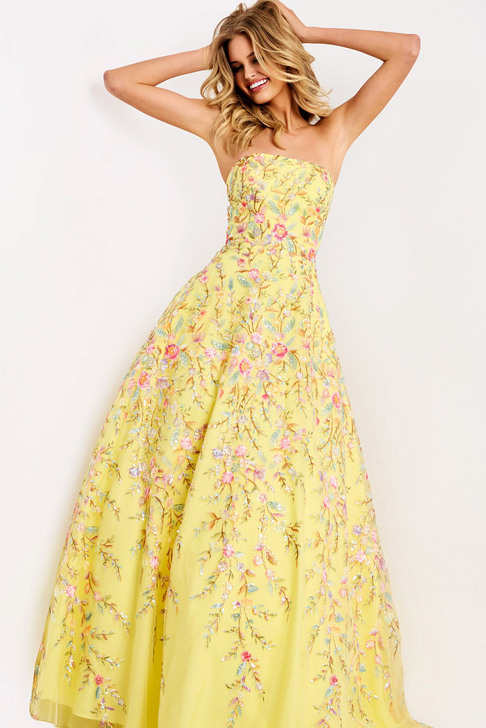 Yellow Lace-Up Back Ball Gown