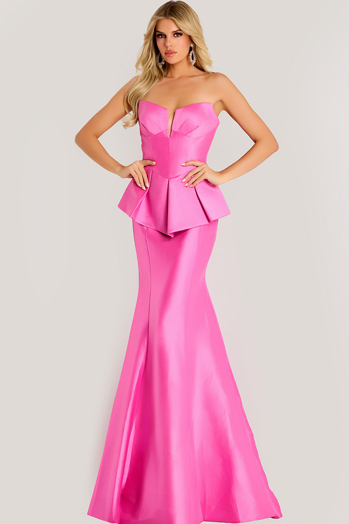 Strapless satin gown with structured peplum bodice and flared mermaid skirt, creating a sleek and elegant silhouette.