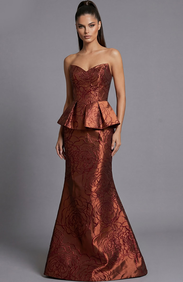 Strapless brocade evening gown with structured bodice and peplum waist