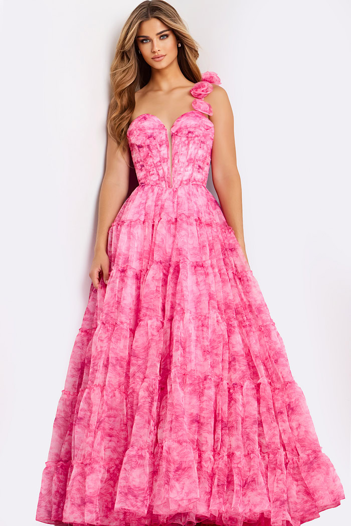 Elegant one shoulder pink prom dress