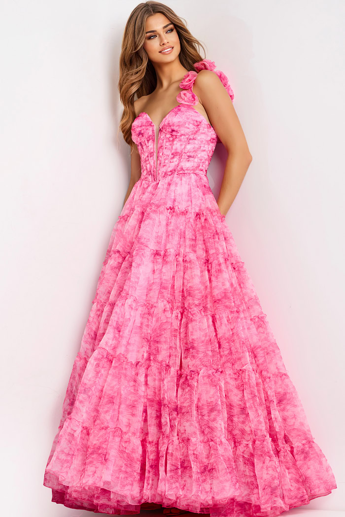 Romantic floral shoulder prom dress