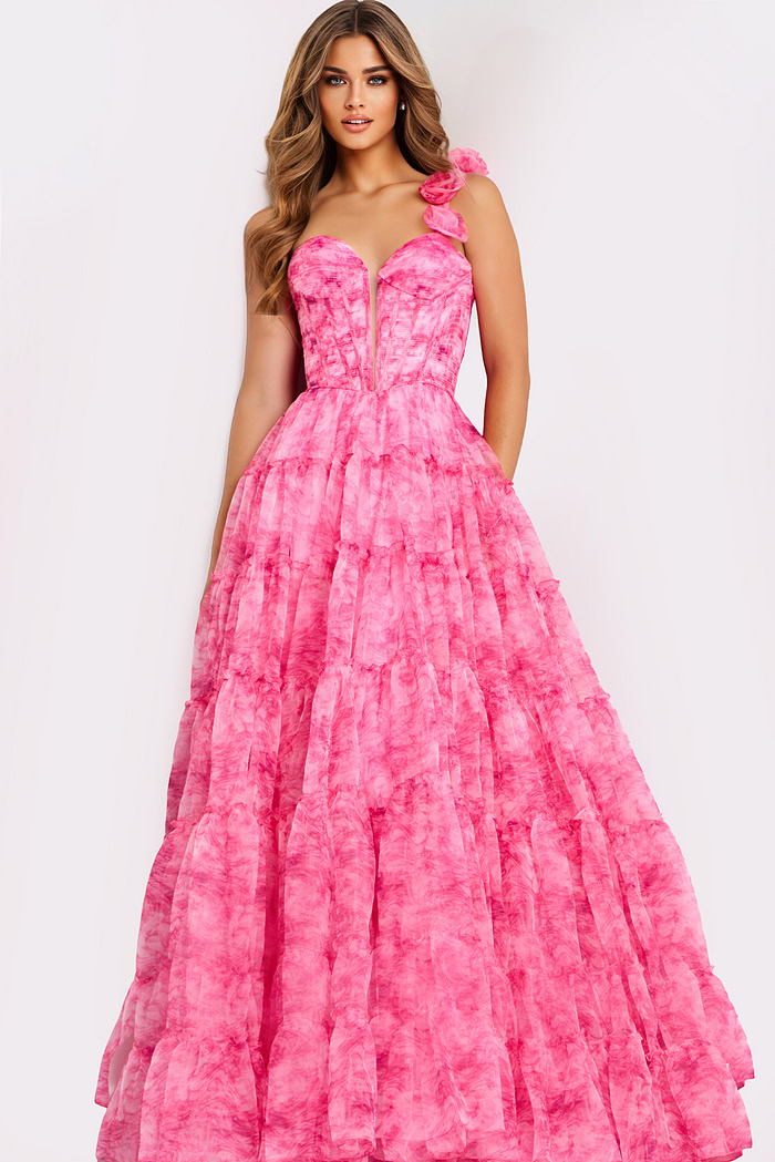 Pink ruffled ball gown with lace up back