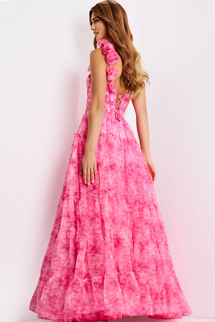One shoulder tiered prom gown with floral strap