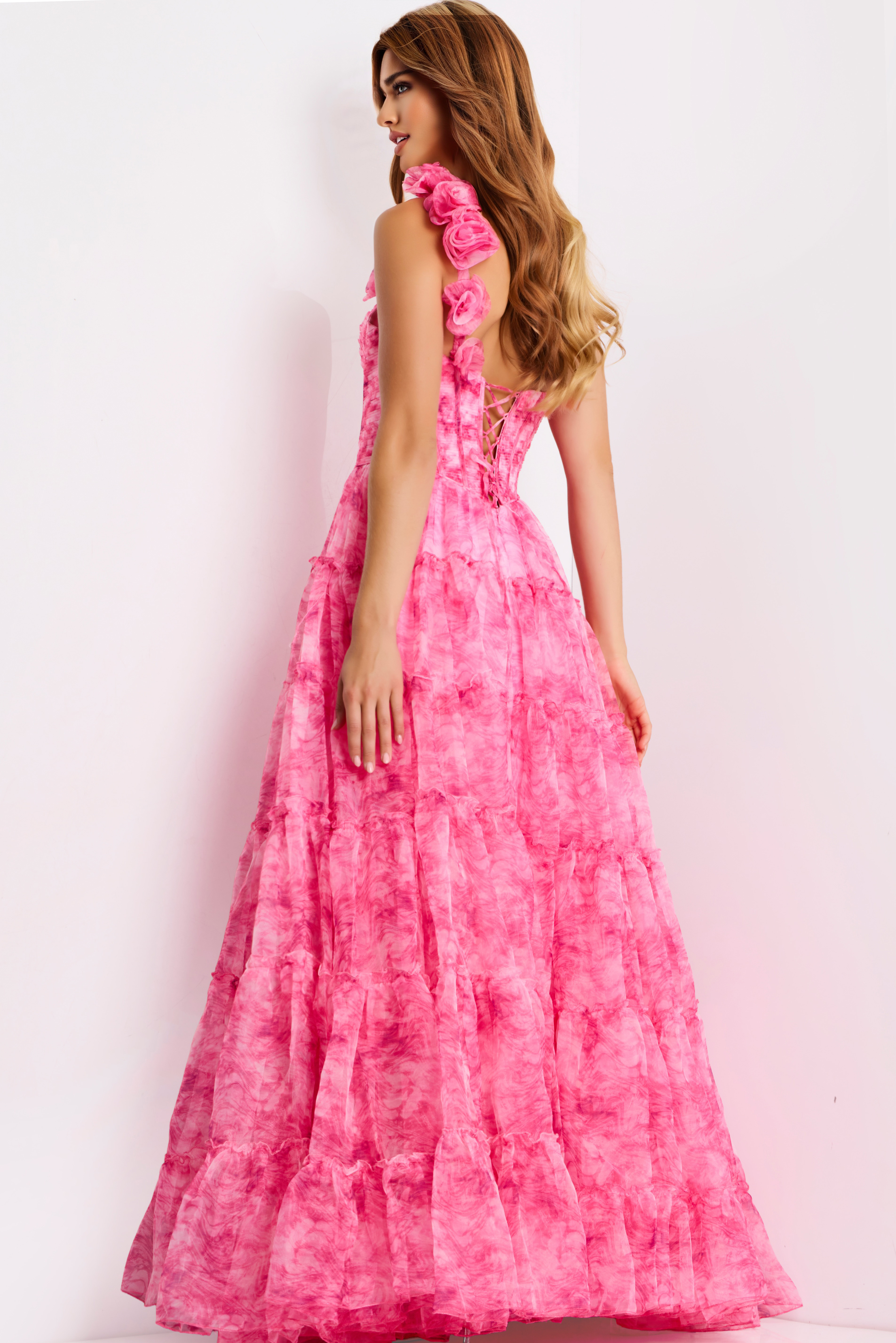 One shoulder tiered prom gown with floral strap
