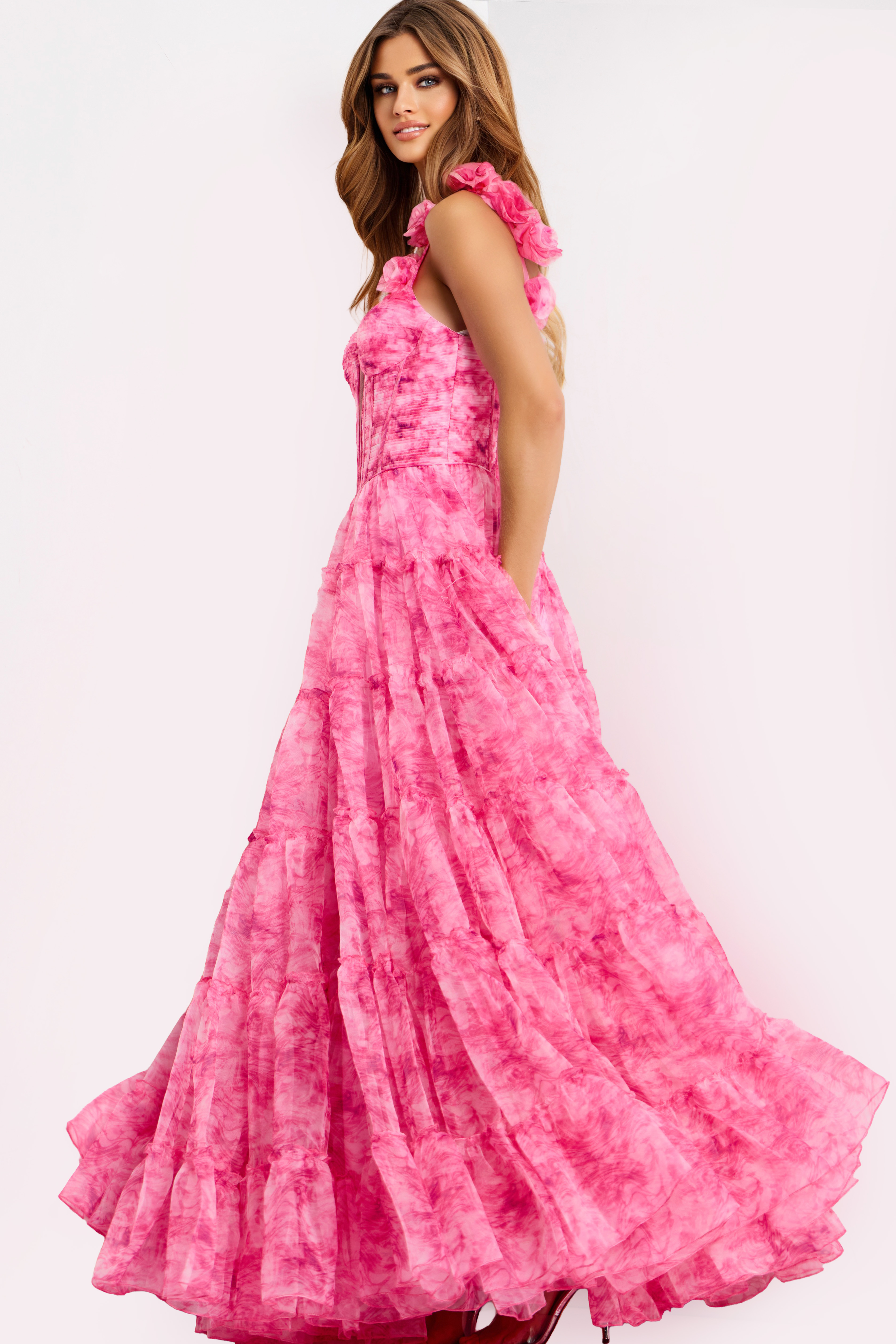 Tiered tulle prom gown with sweetheart neckline