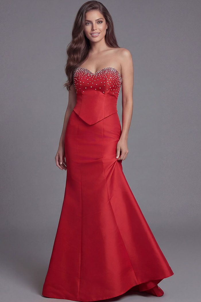 Strapless formal gown with embellished neckline and fitted silhouette